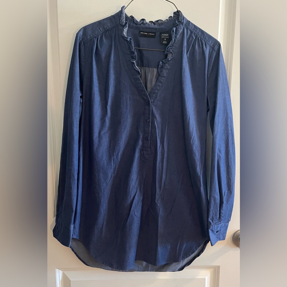 New York & Company Dark Blue Blouse with Ruffled Collar